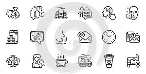 Outline set of Fake news, Coffee cup and Time line icons for web application. For design. Vector