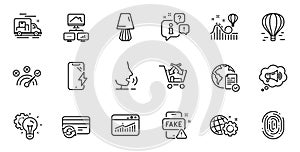 Outline set of Fake news, Seo gear and Fingerprint line icons for web application. For design. Vector