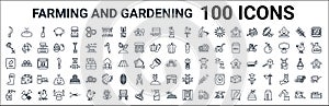 Outline set of farming and gardening line icons. linear vector icons such as bread,watering,capsicum,fertilizer,mower,farmer boots
