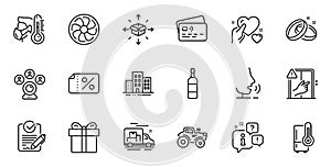 Outline set of Gift box, Fan engine and Rfp line icons for web application. For design. Vector