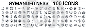 Outline set of gymandfitness line icons. linear vector icons such as protein,isotonic,sport wear,sleeveless,mat,fitness tracker,