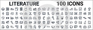 Outline set of literature line icons. linear vector icons such as books,watch,soccer,long john silver,theater,romeo and juliet,