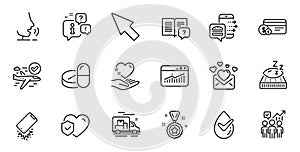 Outline set of Love mail, Instruction manual and Food order line icons for web application. For design. Vector