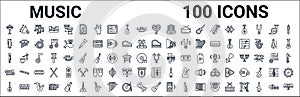 Outline set of music line icons. linear vector icons such as music triangle,oboe,piano,flute,shuffle,trombone,treble clef,acoustic