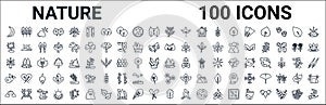 Outline set of nature line icons. linear vector icons such as lemon leaf,yucca,cercis leaf,pecan leaf,pine tree on fire,bilberry