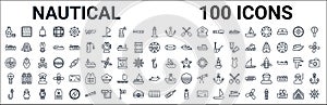 Outline set of nautical line icons. linear vector icons such as salt water,oil tanker ship,rescue tube,radar detection,caravel,