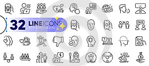 Outline set of Nurse, Social care and Queue line icons. For web app. Vector