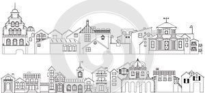 Outline set of old town streets buildings. Vector collection of contour townhouses