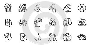 Outline set of People talking, Electric app and Fair trade line icons for web application. For design. Vector