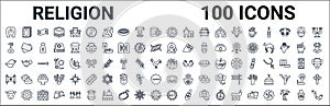 Outline set of religion line icons. linear vector icons such as holy quran,sitar,moses,conch shell,burning bush,torah,lotus,allah