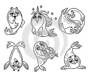 Outline set with seal in cartoon style