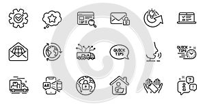 Outline set of Secure mail, Cogwheel and Truck delivery line icons for web application. For design. Vector