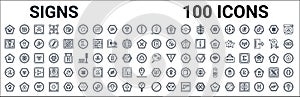 Outline set of signs line icons. linear vector icons such as heat,femenine,text documents,is greater than,quotes,is less than,