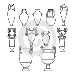 Outline set sketch of ceramic vases. Tall ancient Greek, Roman jar with two handles and a narrow neck. Line art vintage ceramic
