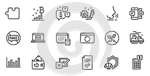 Outline set of Startup, Calculator and Fake news line icons for web application. For design. Vector