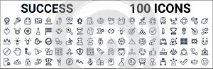 Outline set of success line icons. linear vector icons such as startup project search,passion,vision,pedestal,pyramid chart,