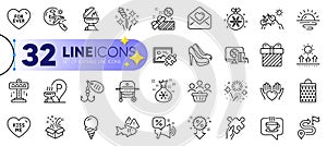 Outline set of Sunrise, Fish and Love letter line icons. For web app. Vector