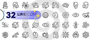 Outline set of Thermometer, Medicine and Farsightedness line icons. For web app. Vector