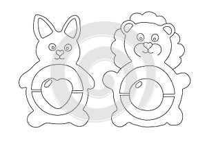 Outline of set of two rattles in the shape of bunny and lion