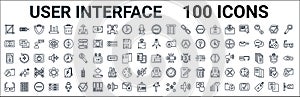 Outline set of user interface line icons. linear vector icons such as battery medium charge,video edition,tungsten,download