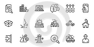 Outline set of Warning, Evaporation and Parcel shipping line icons for web application. For design. Vector