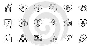 Outline set of Wedding locker, Be mine and Inclusion line icons for web application. For design. Vector
