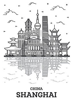 Outline Shanghai China City Skyline with Historic Buildings and Reflections Isolated on White