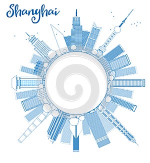 Outline Shanghai skyline with blue skyscrapers