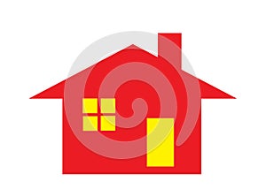 An outline shape symbol of a house home with chimney in red and yellow door and window