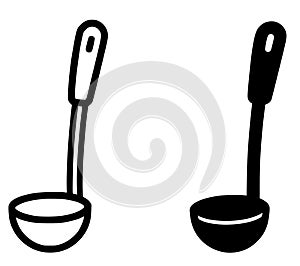 Kitchen equipment icon, ladle illustration, outline and silhouette versions