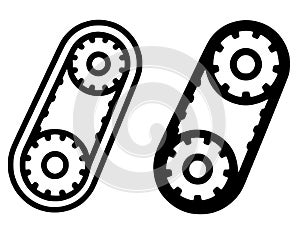 Spare parts icons, timing belt illustrations, outline and silhouette versions
