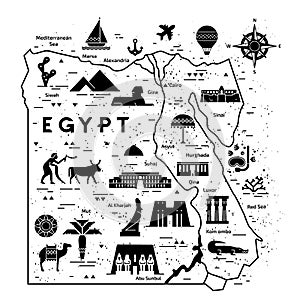 Outline and silhouette map of Egypt - vector illustration hand drawn with lines