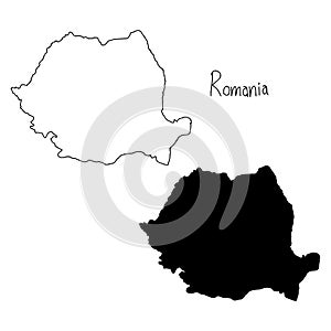 Outline and silhouette map of Romania - vector illustration hand