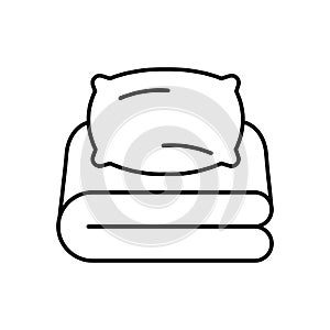 Outline simple bed linen black vector icon. EPS 10. Outline illustration symbol. With pillows sign. Bedding single logo. Home