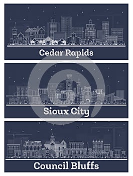 Outline Sioux City, Council Bluffs and Cedar Rapids Iowa USA Skyline Set