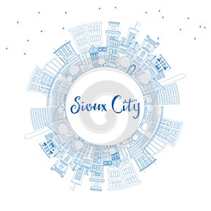 Outline Sioux City Iowa Skyline with Blue Buildings and Copy Spa