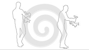 Outline sketch of cameraman steps with the camera and steadicam isolated on white background. Silhouette. Side view. 2