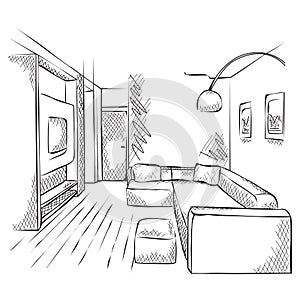 Outline sketch of a interior.