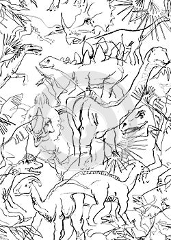 Outline sketch jurassic dini. Dinosaurs seamless pattern. Hand drawn dinosaur background