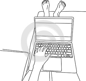 Outline sketch of laptop on lap with hand on keyboard and feet laying on coach