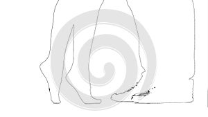 Outline sketch of legs of a man`s girl get on toes. Silhouette. White background. Close up
