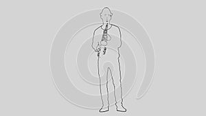Outline sketch of saxophonist silhouette playing a musical instrument isolated on a white background