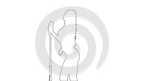 Outline sketch of woman sing song and dances near a retro microphone. White background. Silhouette