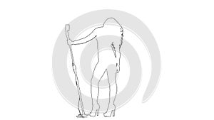 Outline sketch of woman sing song and dances near a retro microphone. White background. Silhouette