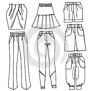 Outline Sketchy clothing.Females skirts,trousers