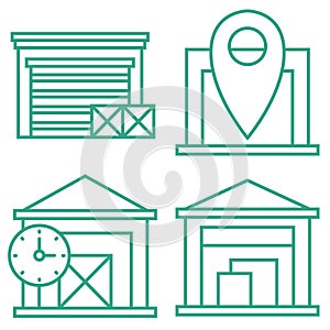 Outline small warehouse icon set isolated on white background. Part of supply chain. Boxes. Map marker. Clock