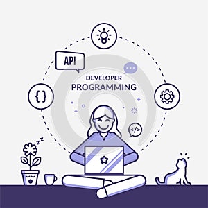 Outline software development illustration, Programmer coding concept