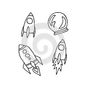 Outline space doodle sticker set. Rocket, space suit