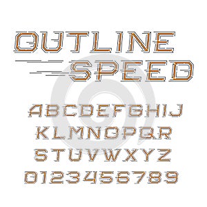 Outline speed alphabet font. Oblique letters and numbers in line style.