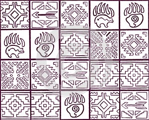 Outline spiritual seamless pattern with arrows, animal tracks and geometric elements in tribal style